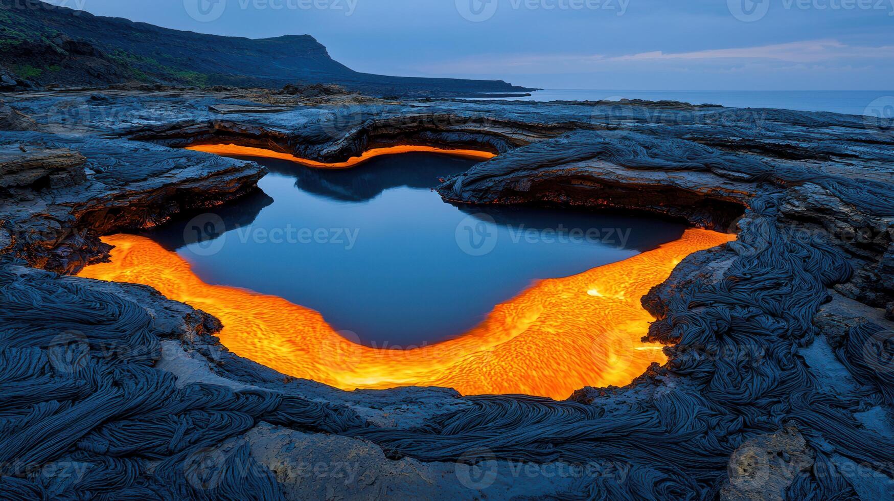 Stunning Oceanside Lava Flow Pool at Dusk Volcanic Rock and Fiery Orange Glow photo