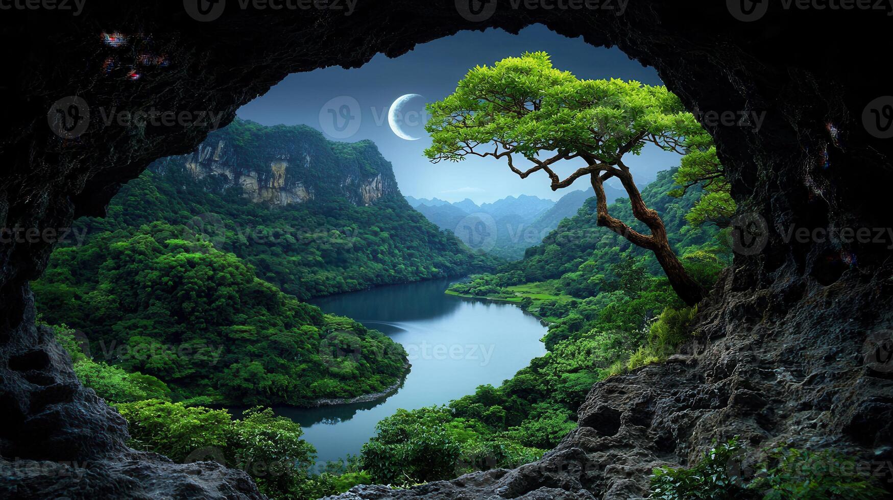 Serene Night View Moonlit River Valley Seen from Cave Opening Lush Green Landscape photo