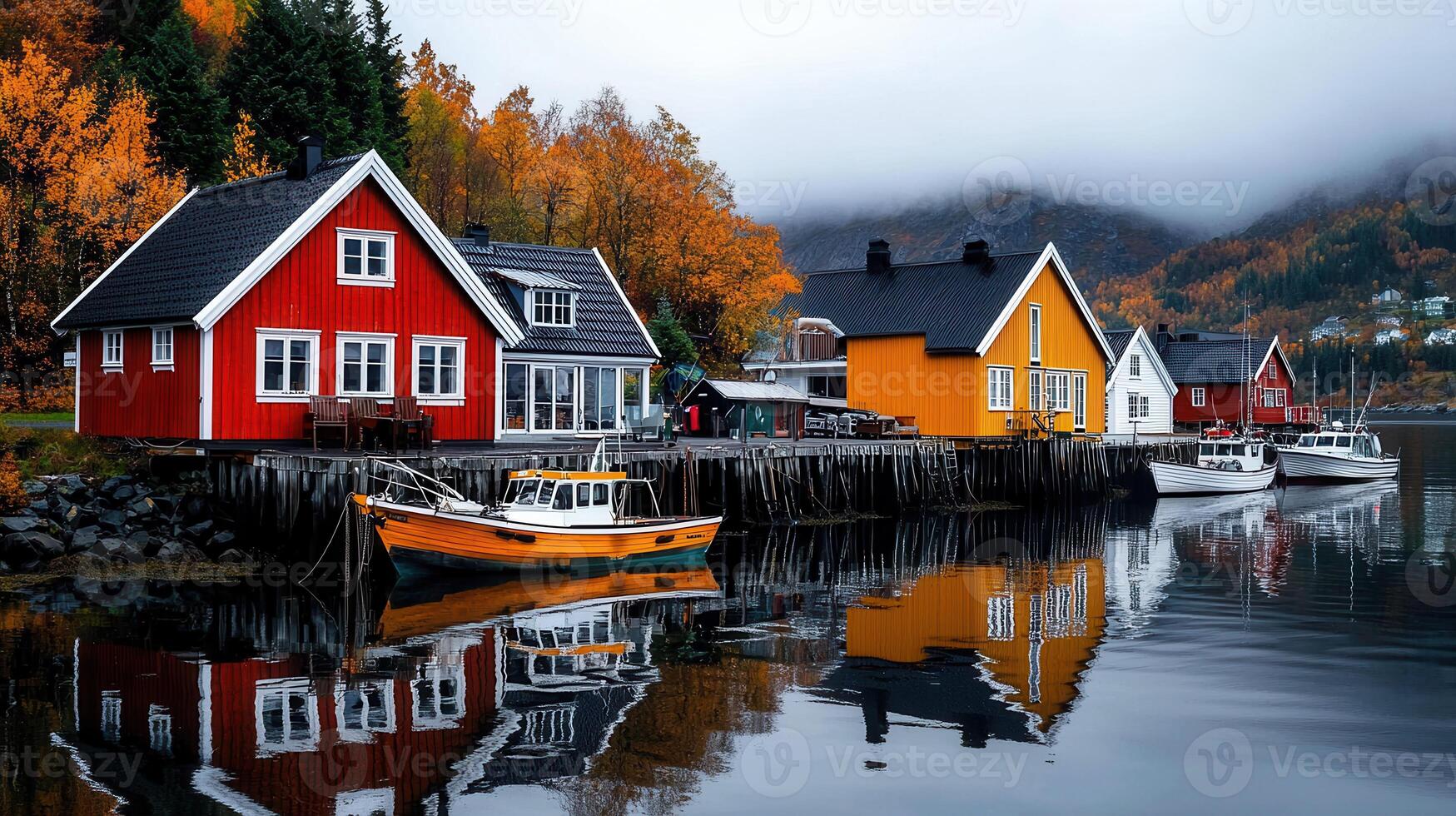 Colorful Norwegian Coastal Houses Boats Autumn Scenery Calm Water Reflections photo