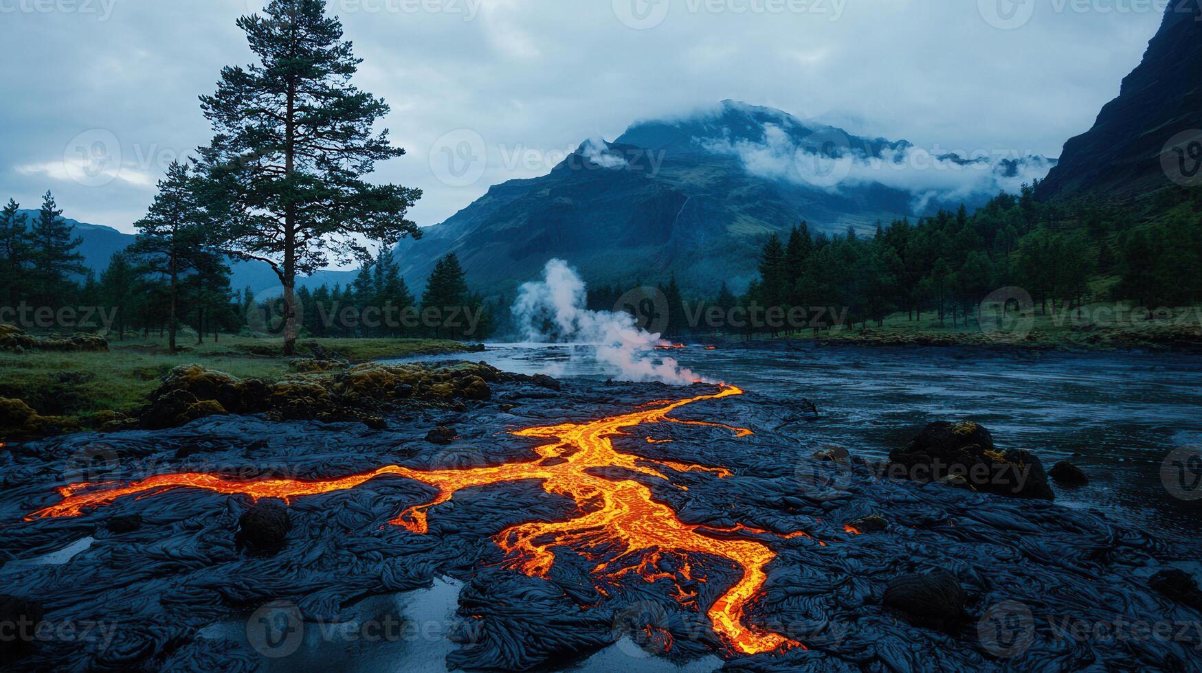 Molten Lava Flowing Through Riverbed Volcanic Landscape Dramatic Nature Scene photo