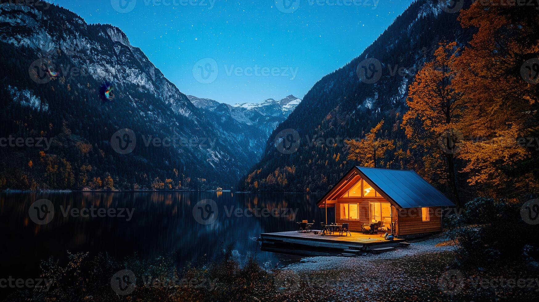 Serene Lakeside Cabin at Night Mountain View Autumn Leaves Starry Sky photo