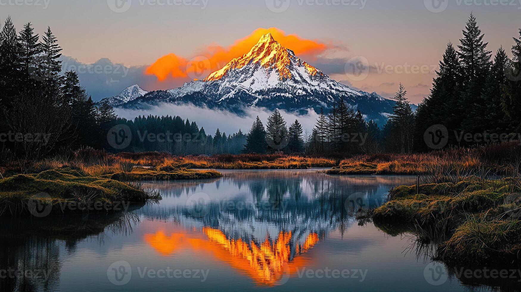 Majestic Sunrise Over Snow Capped Mountain Peak Reflected in Calm Lake photo