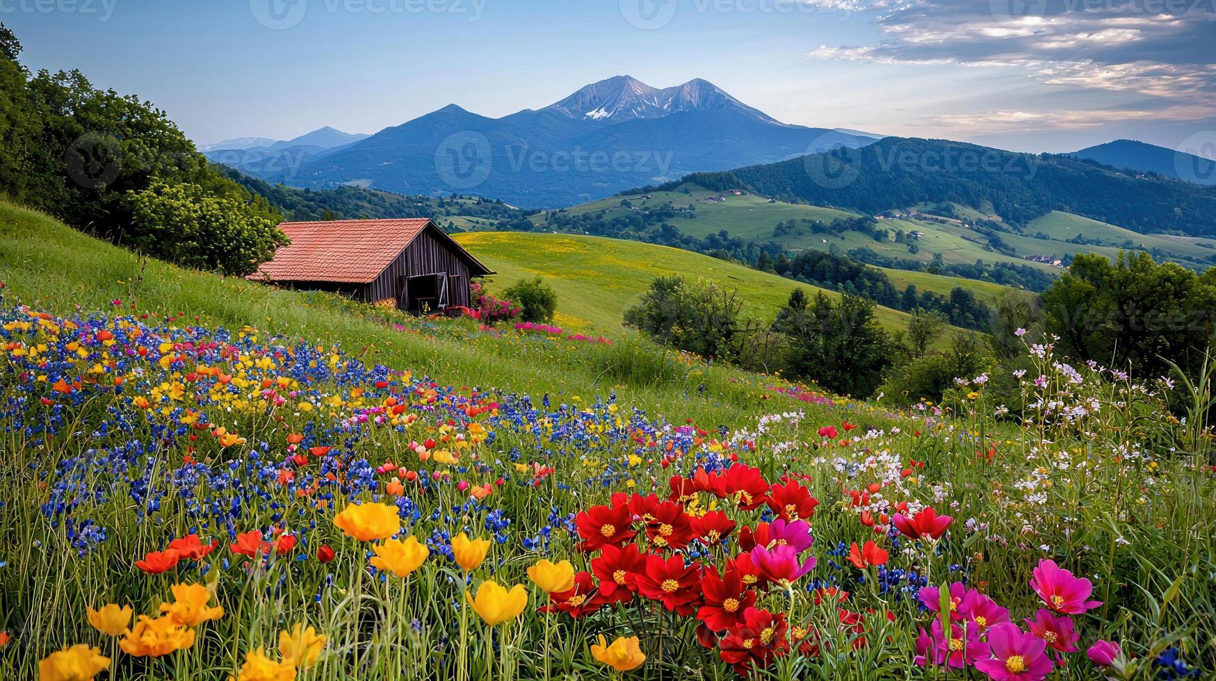 Vibrant Wildflower Meadow Rustic Cabin Mountain Landscape Panorama photo