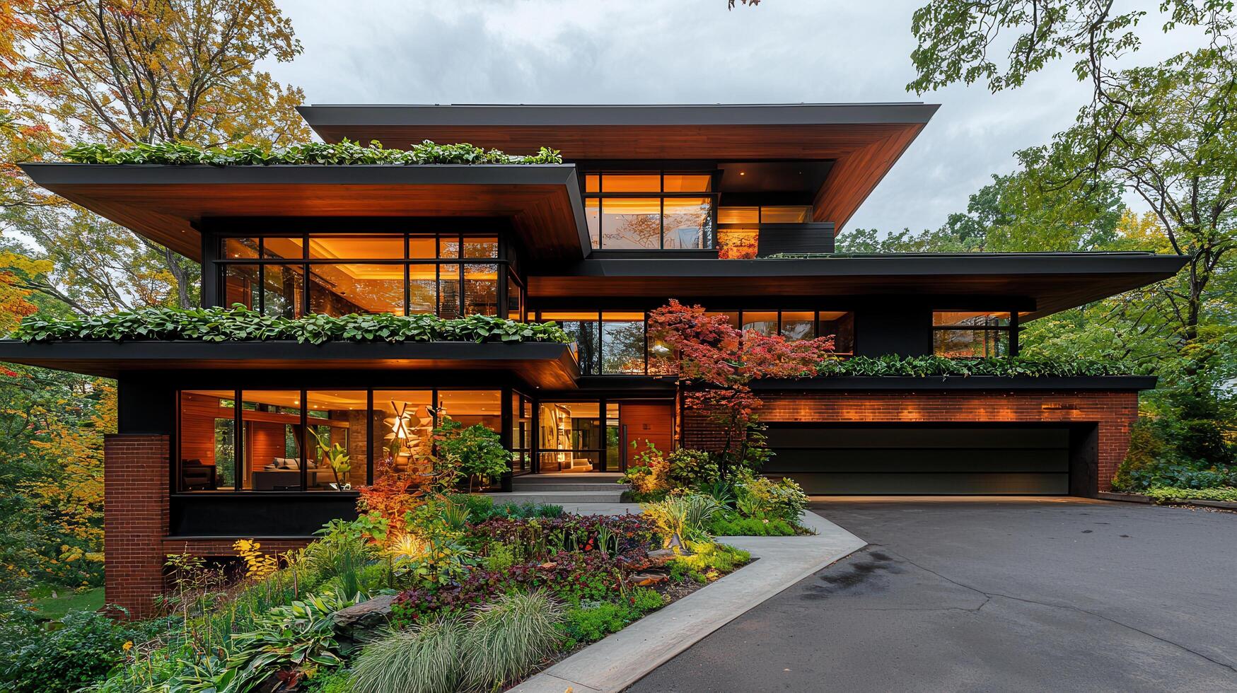 Modern Luxury Home Brick Exterior Green Roof Autumn Landscape Evening Lighting photo