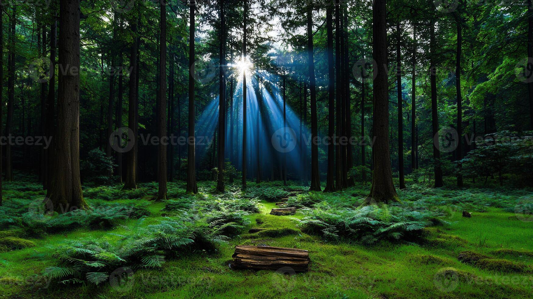 Sunbeams Illuminating Lush Green Forest Ferns Trees Tranquil Nature Scene photo