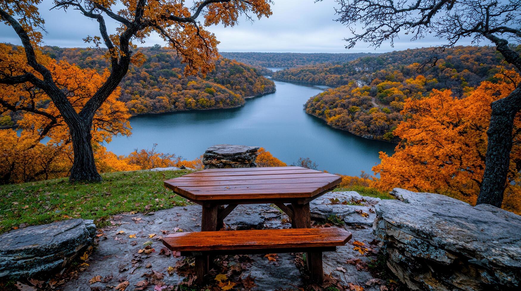 Scenic Autumnal Lake View from a Rustic Wooden Picnic Table Overlooking Colorful Fall Foliage photo