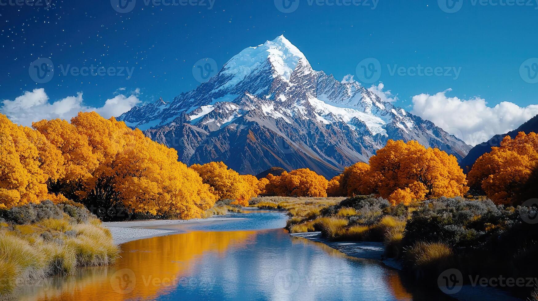 Stunning Autumnal Landscape Golden Trees Snow Capped Mountains Serene River photo
