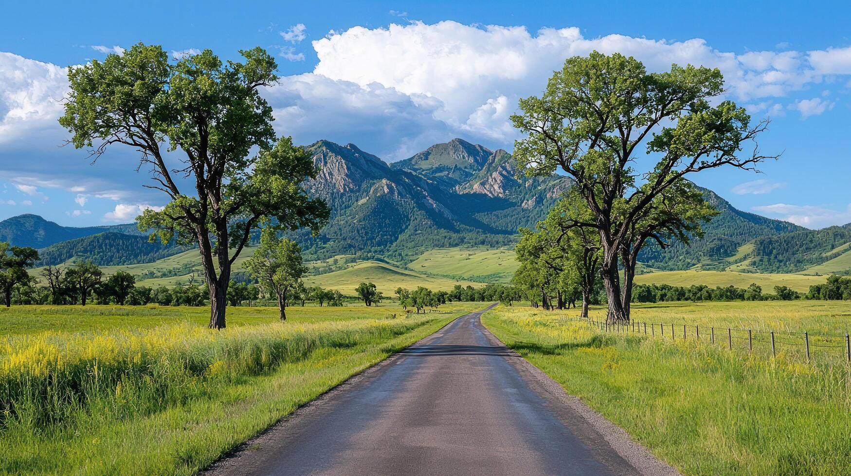Scenic Country Road Winding Through Lush Green Fields Towards Majestic Mountains Under a Blue Sky photo