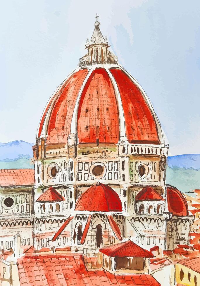 Watercolor florence duomo cathedral hand drawn sketch travel illustration vector