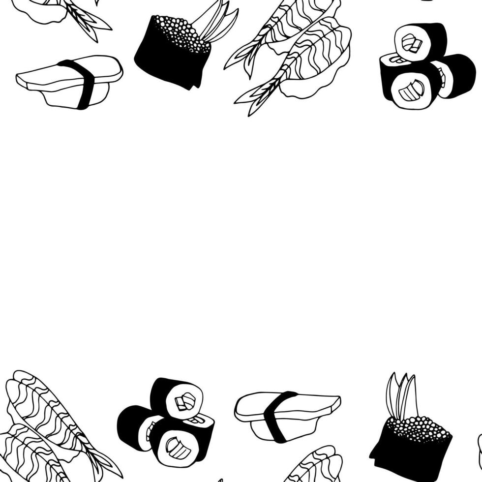 Doodle sushi seamless ink frame for restaurant menu, napkins, textile, decor background illustration vector