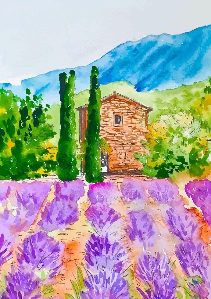 Watercolor lavender dreams in Provence France hand drawn travel landscape vector