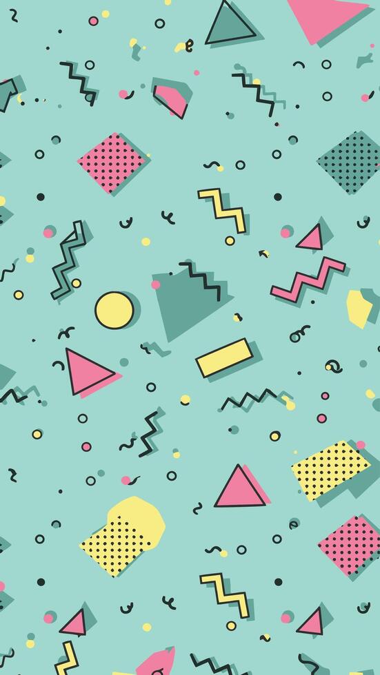Seamless Memphis pattern with abstract geometric shapes, squiggles, and dots in pastel colors on a torquise background. vector