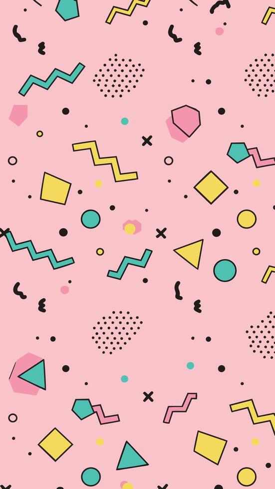 Seamless Memphis pattern with abstract geometric shapes, squiggles, and dots in pastel colors on a pink background. vector