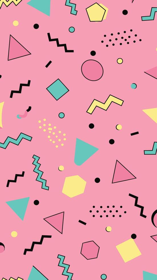Seamless Memphis pattern with abstract geometric shapes in pastel colors on a pink background. vector