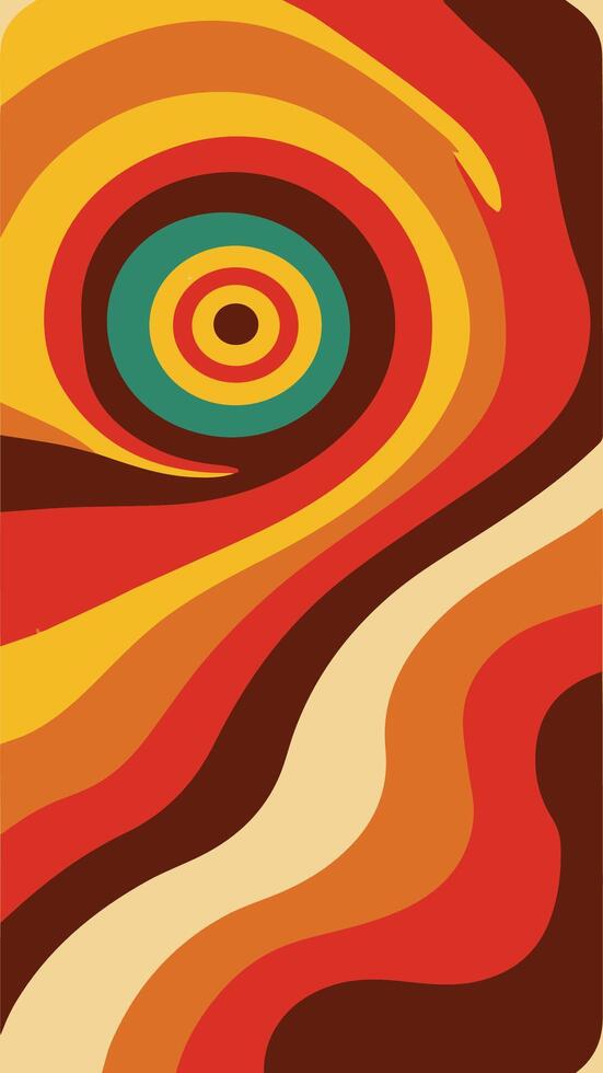 Retro 70s inspired design with vibrant and curved pattern featuring a warm color palette. vector