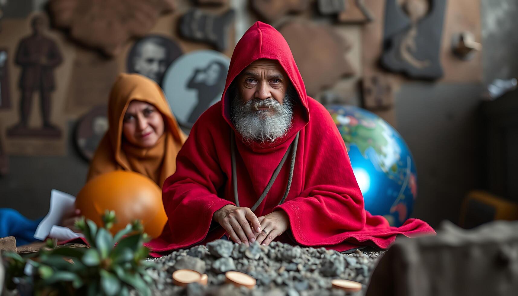 An old man and woman in red robes sitting on a pile of coins photo