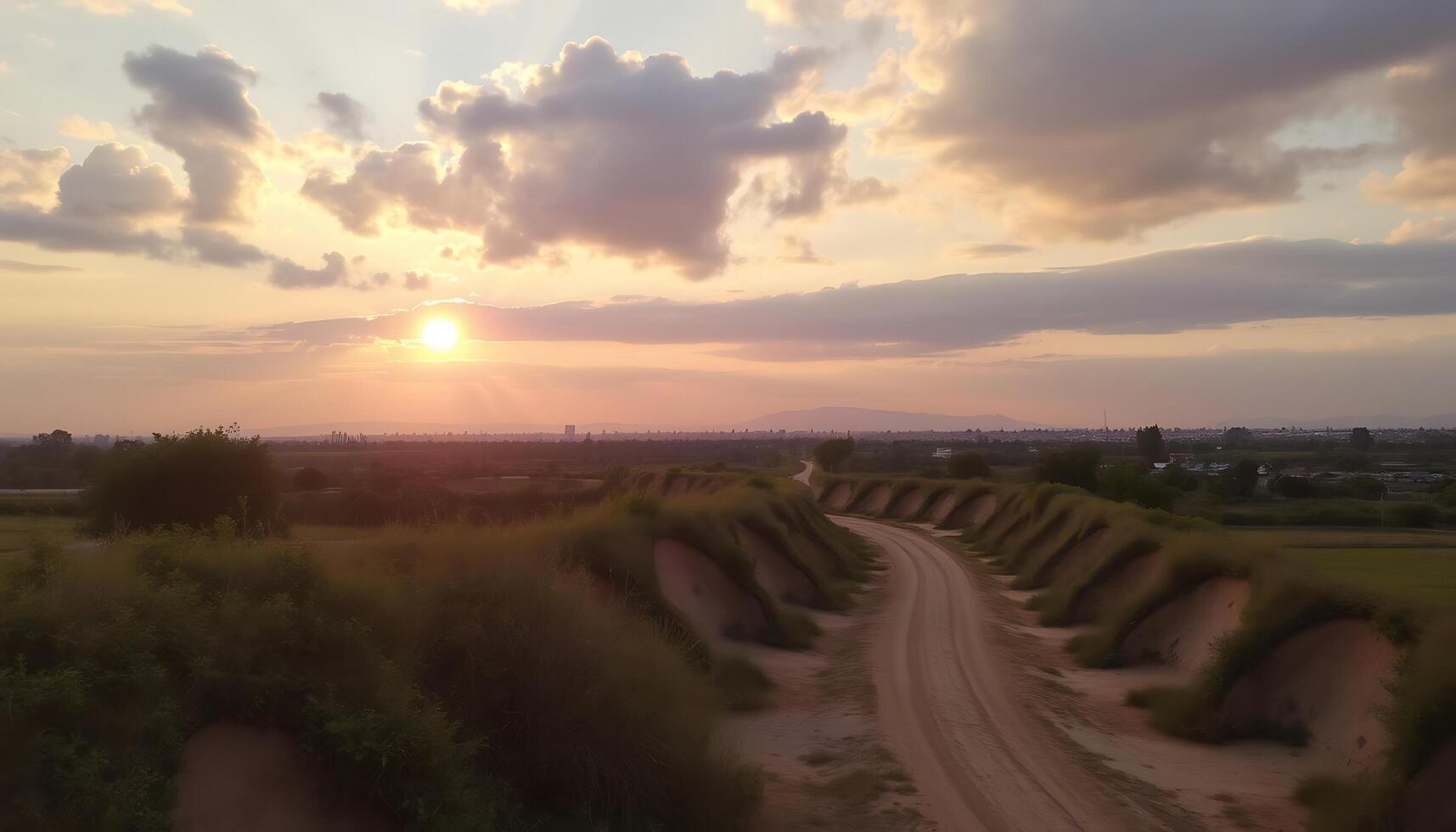 A dirt road in the middle of a field with the sun setting photo