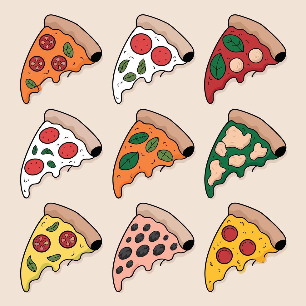 Pizza Grid Featuring 9 Unique Slices with Various Crusts and Toppings vector