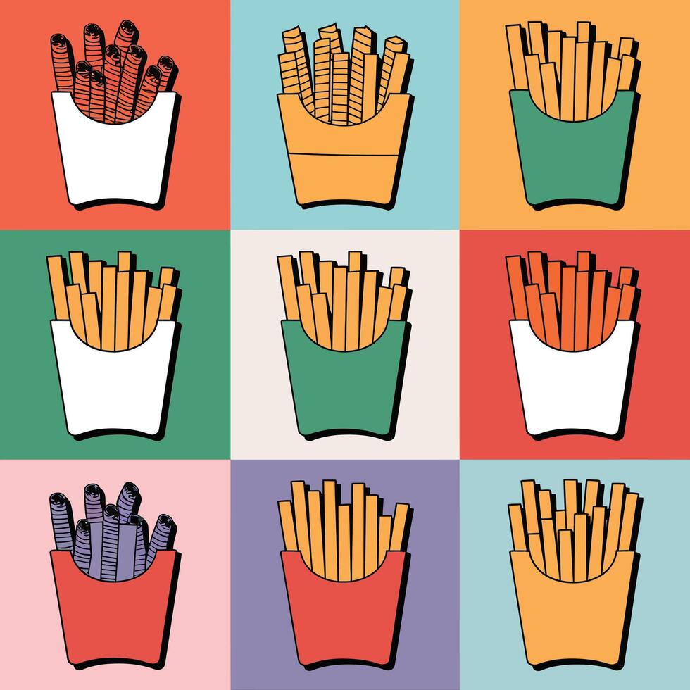 Aesthetic Grid of 9 French Fry Styles Arranged in a 3x3 Pattern vector