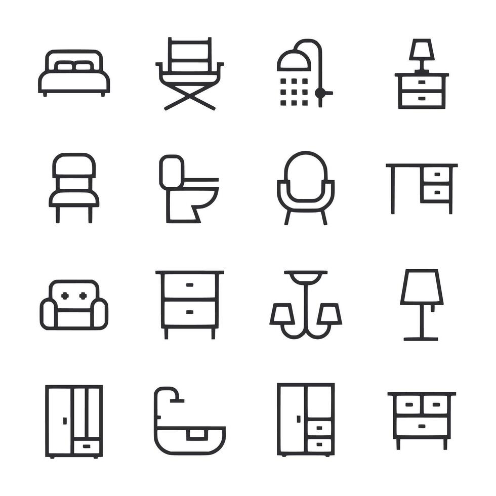 Set of furniture icons including a bed, chair, and table vector