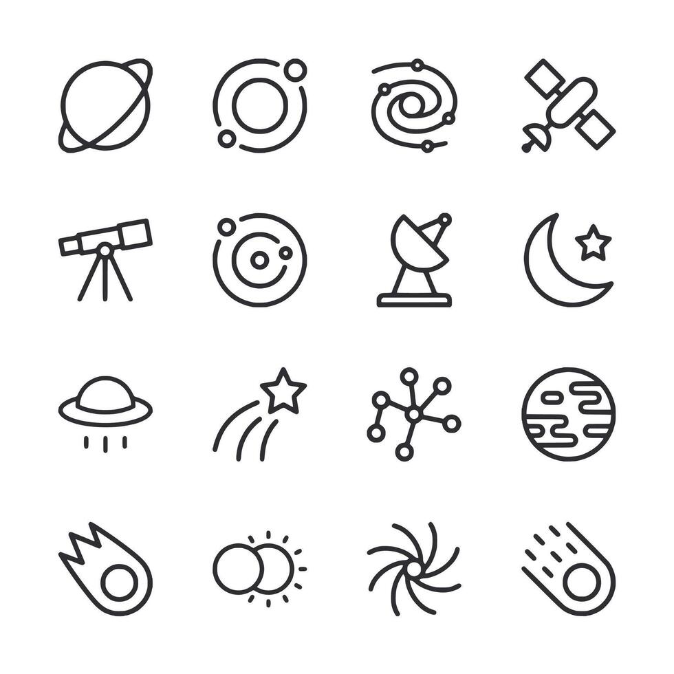 A set of space related icons including a planet, a satellite, a telescope vector