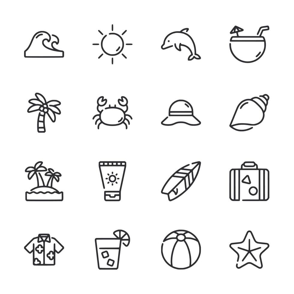 A set of black and white icons for beach and travel vector