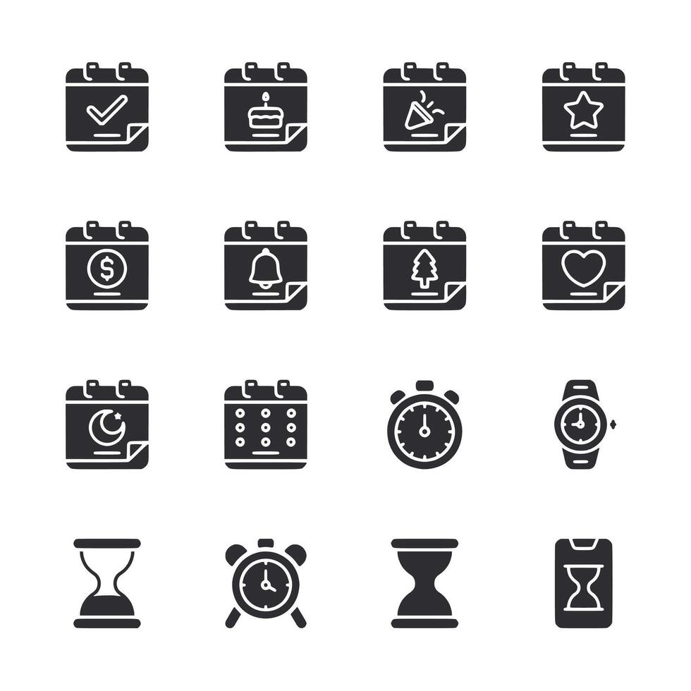 A set of black and white icons for calendars, Clocks vector