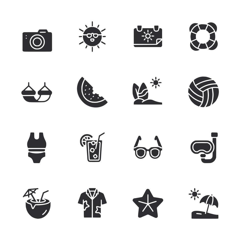 A collection of black and white icons for summer activities vector