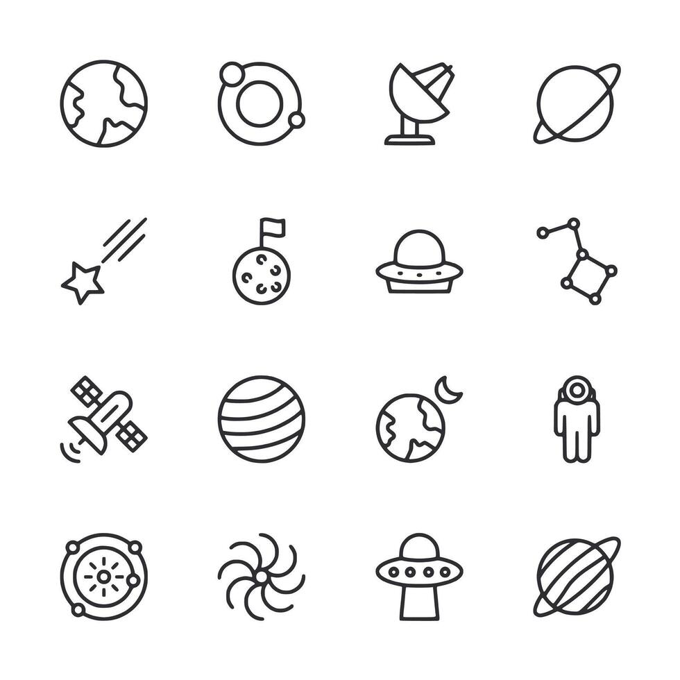 A set of space related icons including a planet, a star, a spaceship vector
