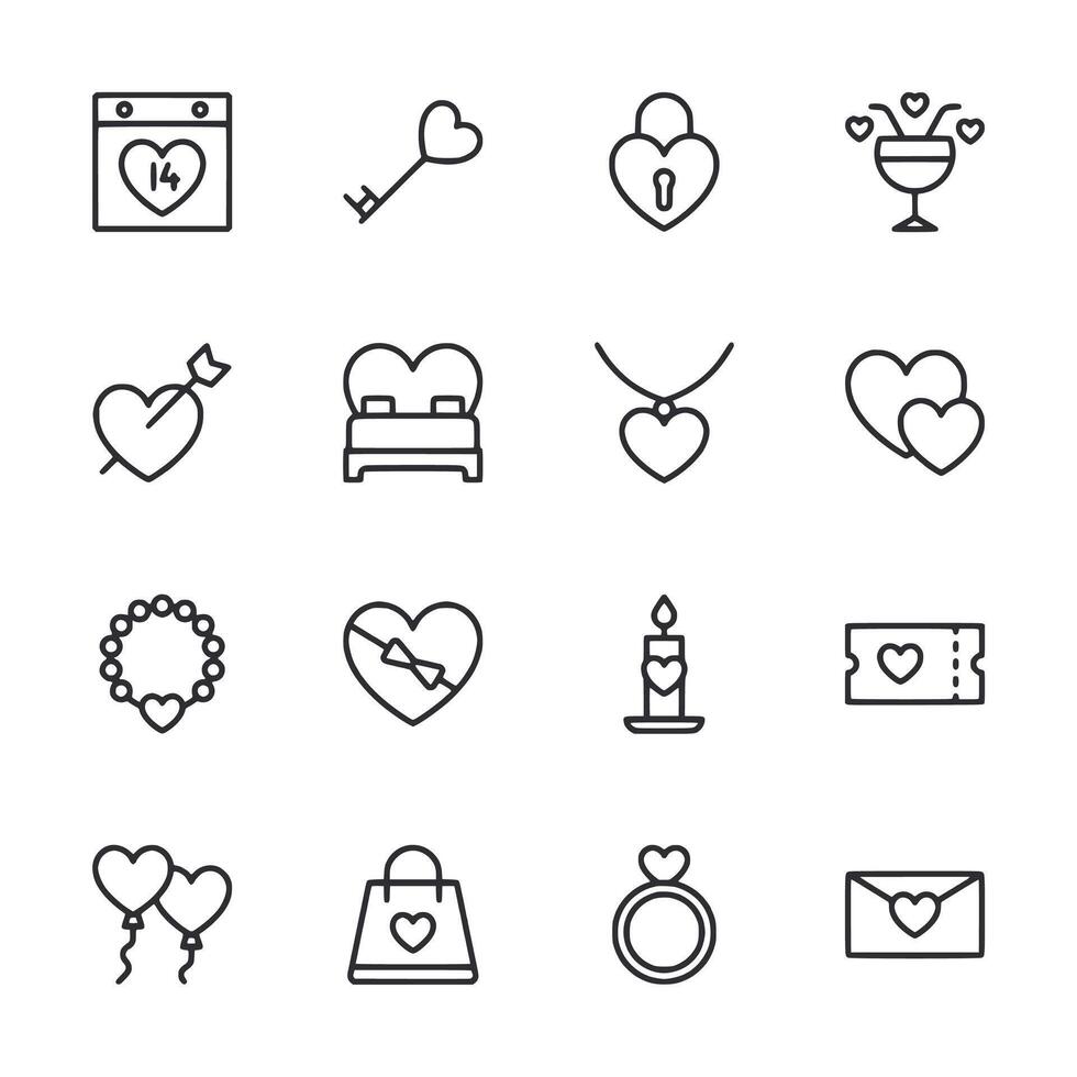 A set of Valentine's Day icons including a heart, a key, a ring, a candle vector