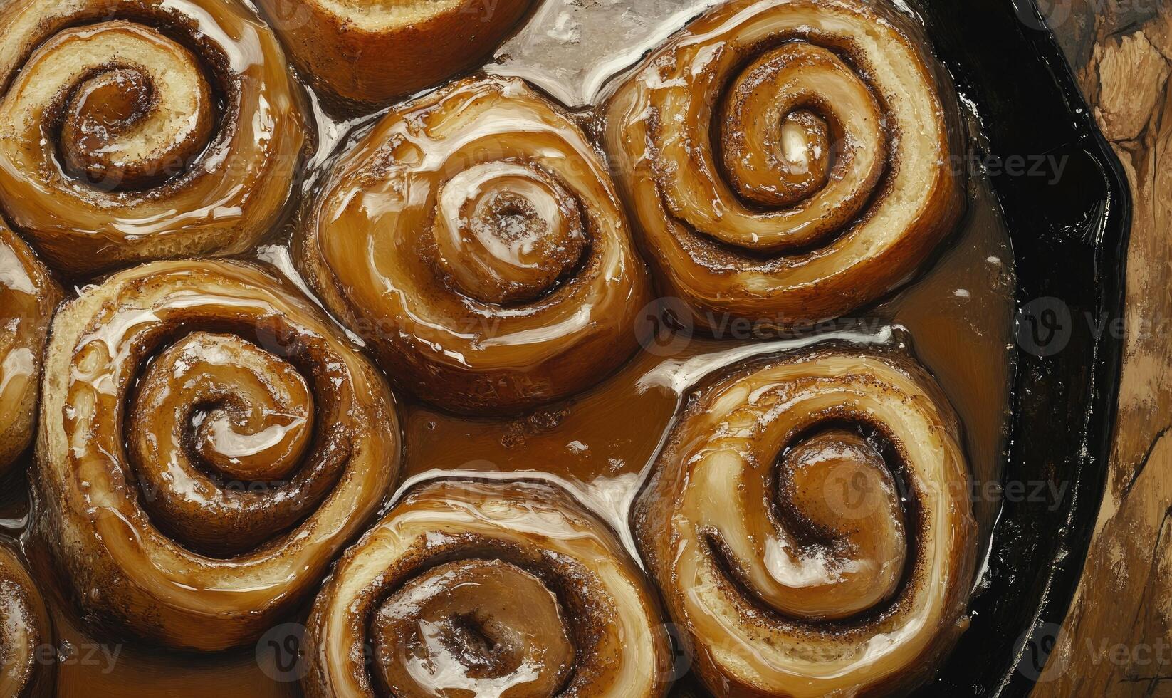 cinnamon rolls in a pan with caramel sauce photo