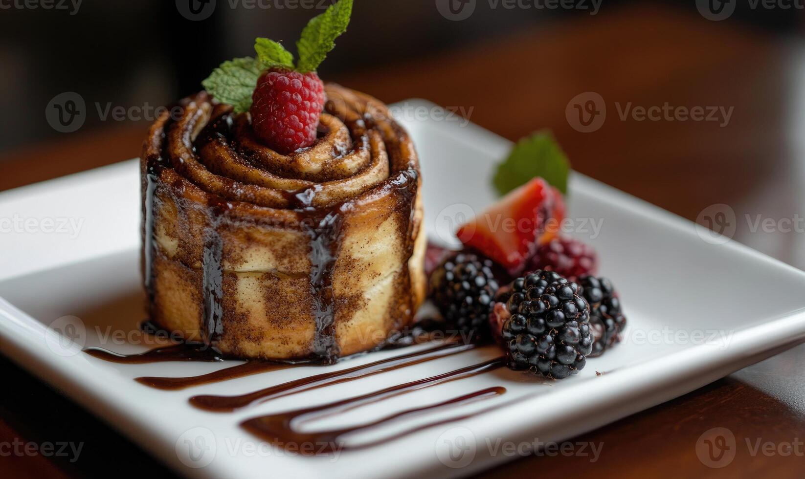 A dessert with a chocolate sauce drizzled on top and strawberries photo