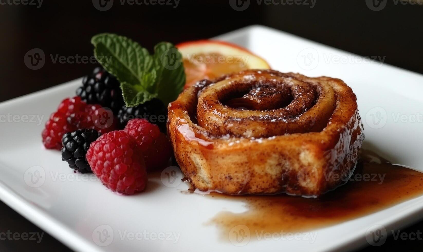 A cinnamon roll with a raspberry on top photo