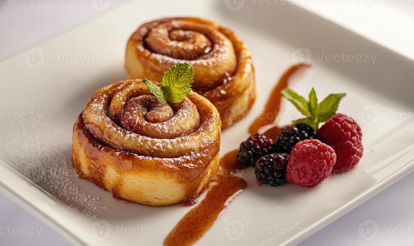 two cinnamon buns with berries on a white plate photo