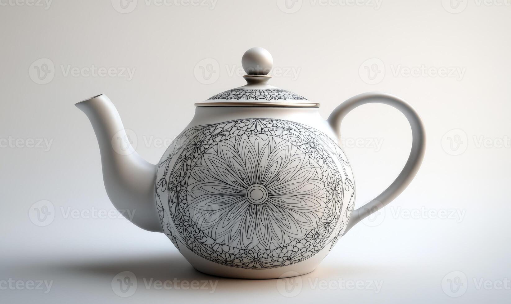 A white and black tea pot with a flower design photo