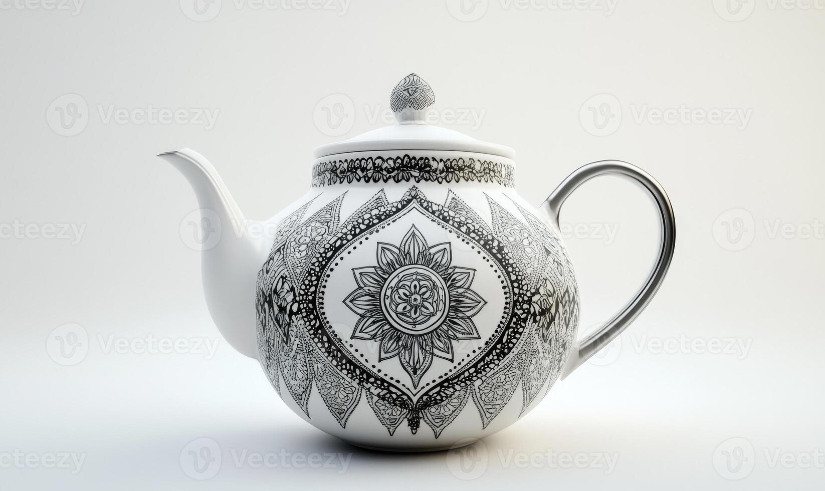 a black and white teapot with a decorative design photo