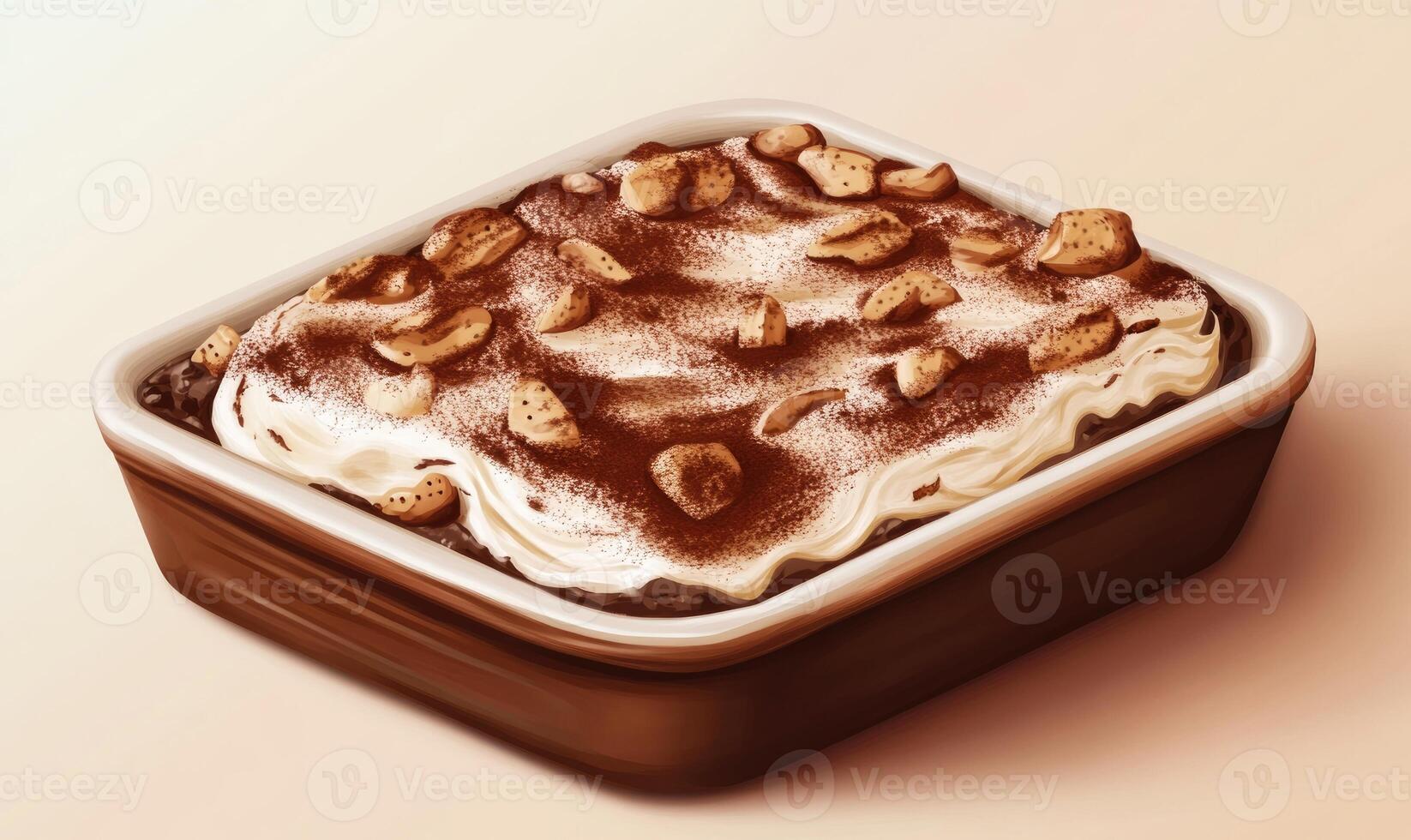 a dessert in a square dish with nuts on top photo