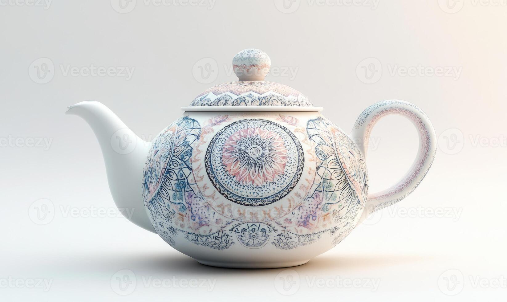 A white and blue tea pot with a pink flower design photo