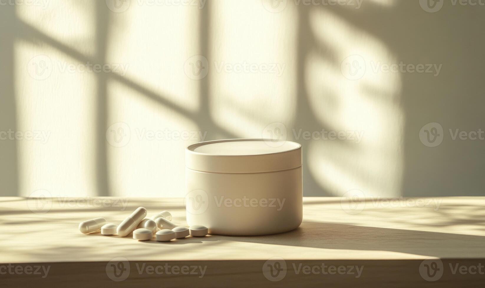 A white container with pills in it sits on a wooden table photo