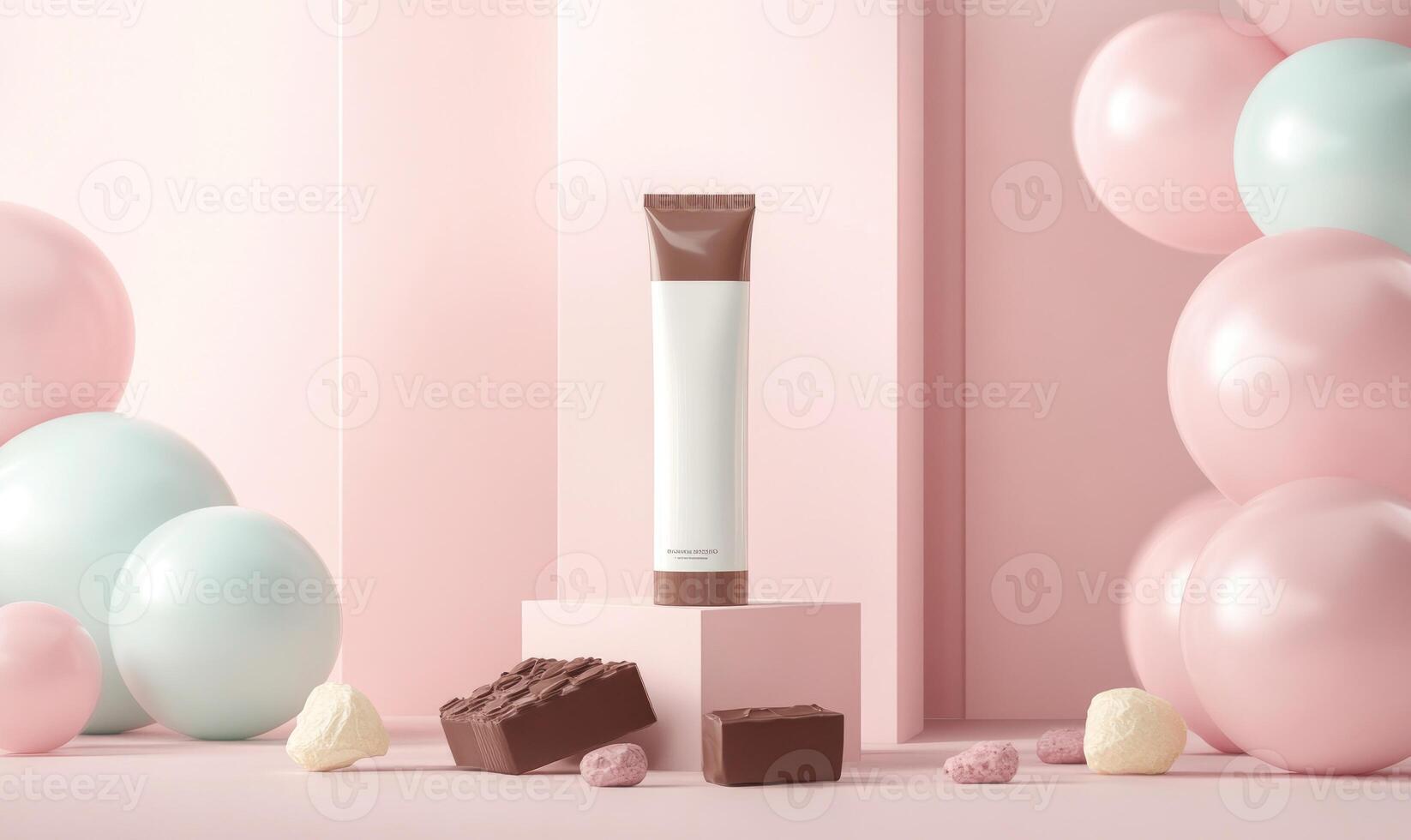 A tube of cream is on a stand in front of a pink wall photo