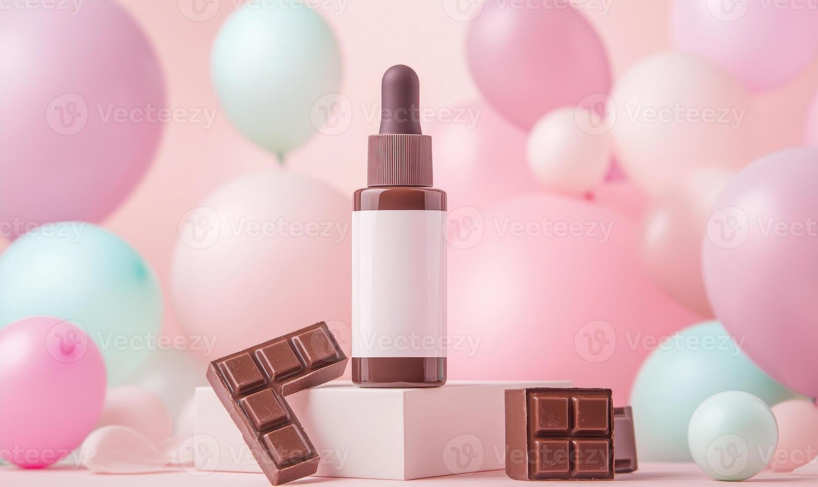 A bottle of chocolate is on a table with a chocolate bar and a bunch of balloons photo