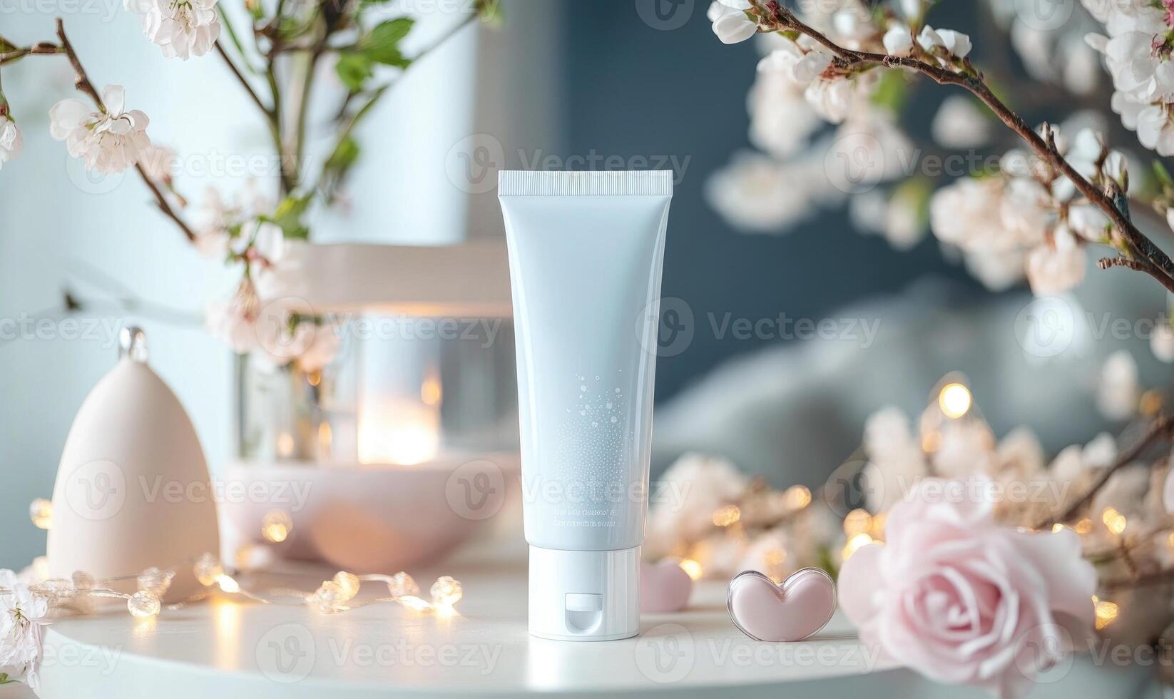 A tube of cream is on a table next to a vase of flowers photo