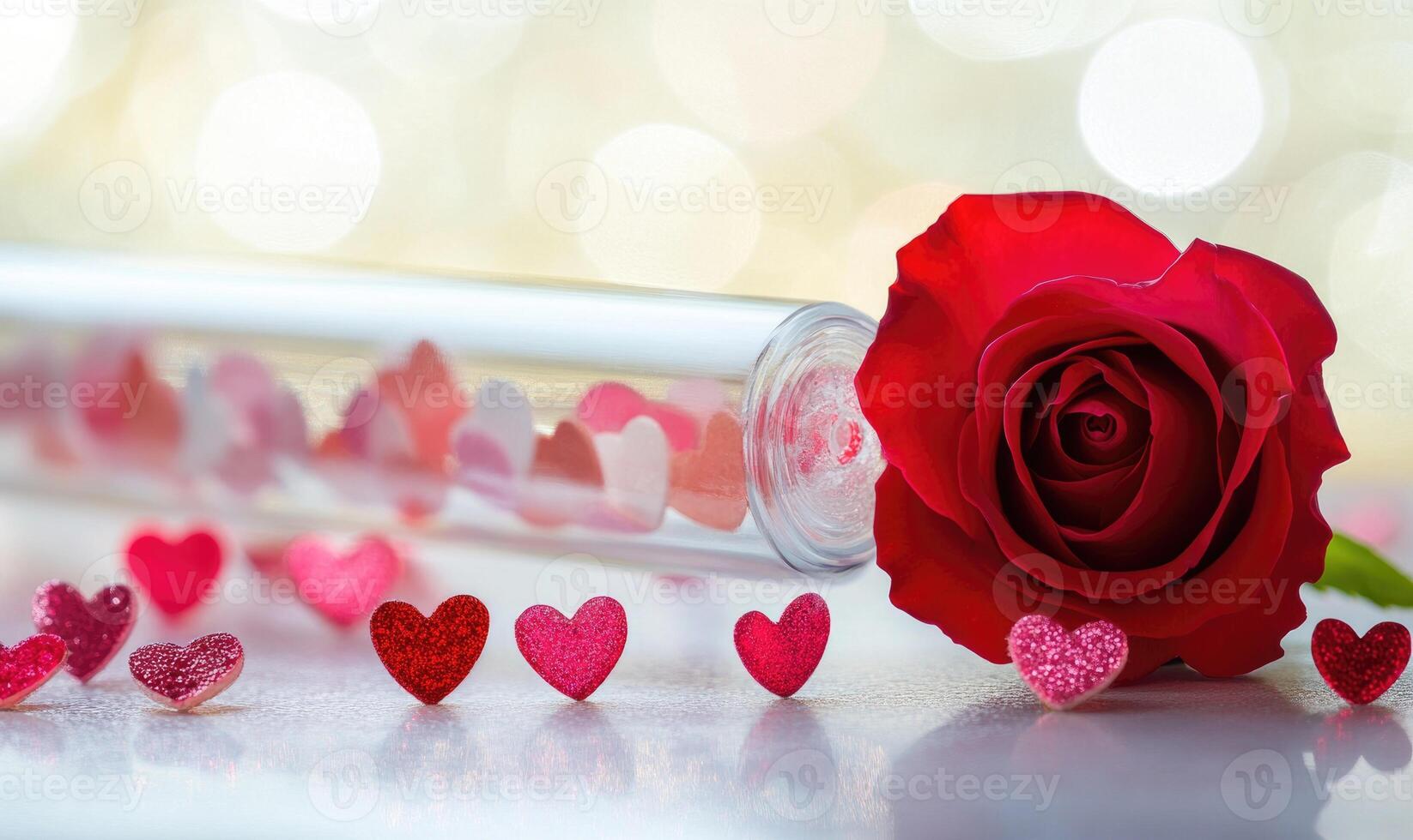 A rose is on a table with a bunch of hearts photo