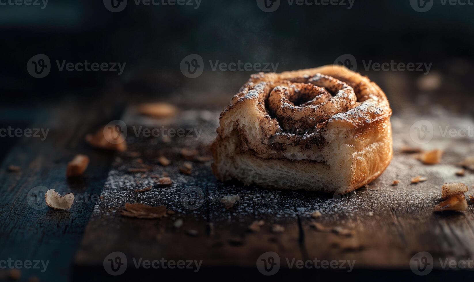 A cinnamon roll with powdered sugar on top photo