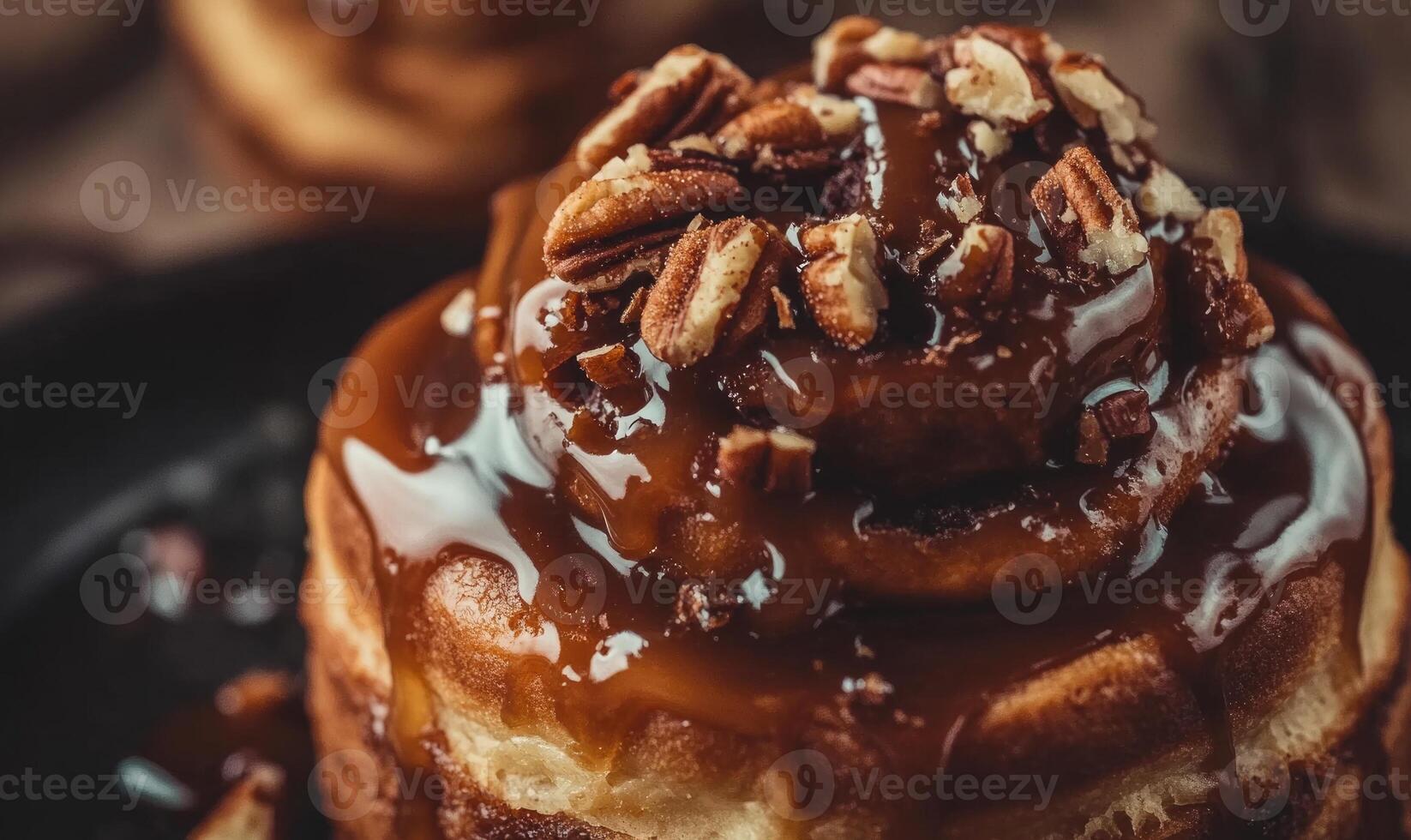 A dessert with a layer of caramel and nuts on top photo