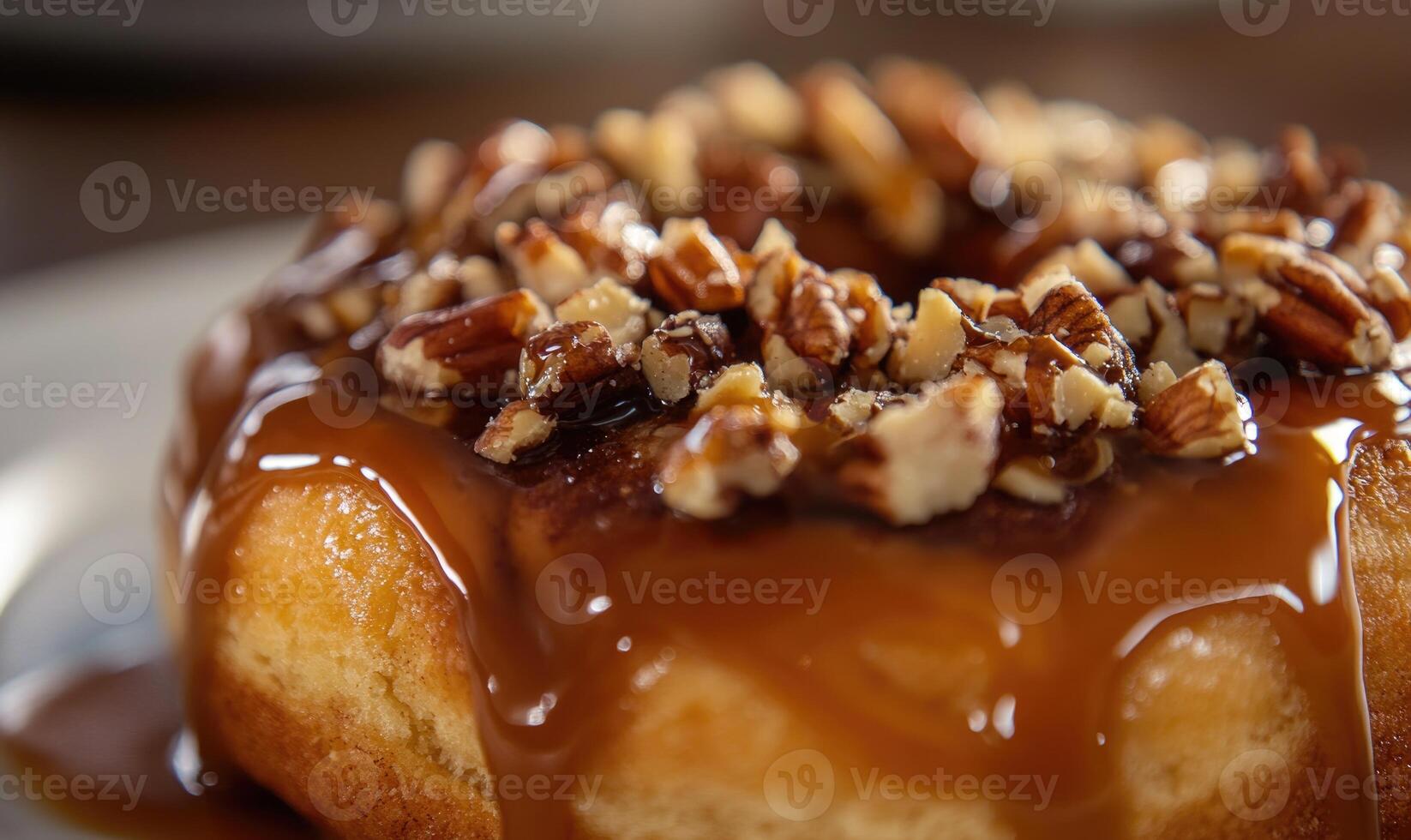 A donut with nuts and caramel on top photo