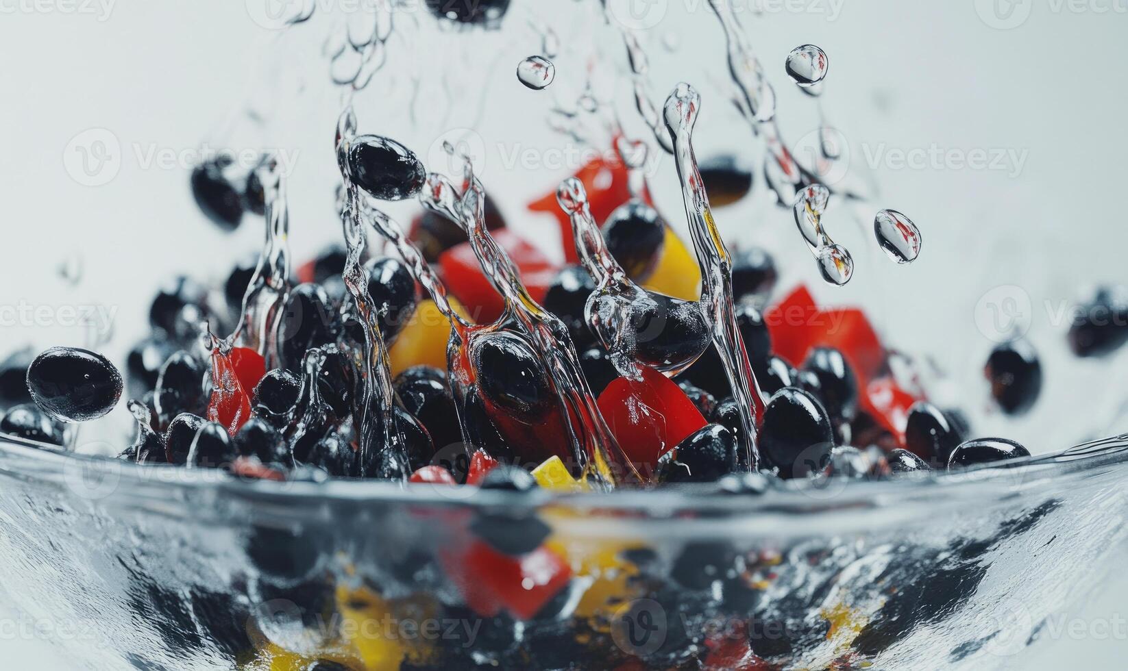 A bowl of fruit with water splashing out of it photo