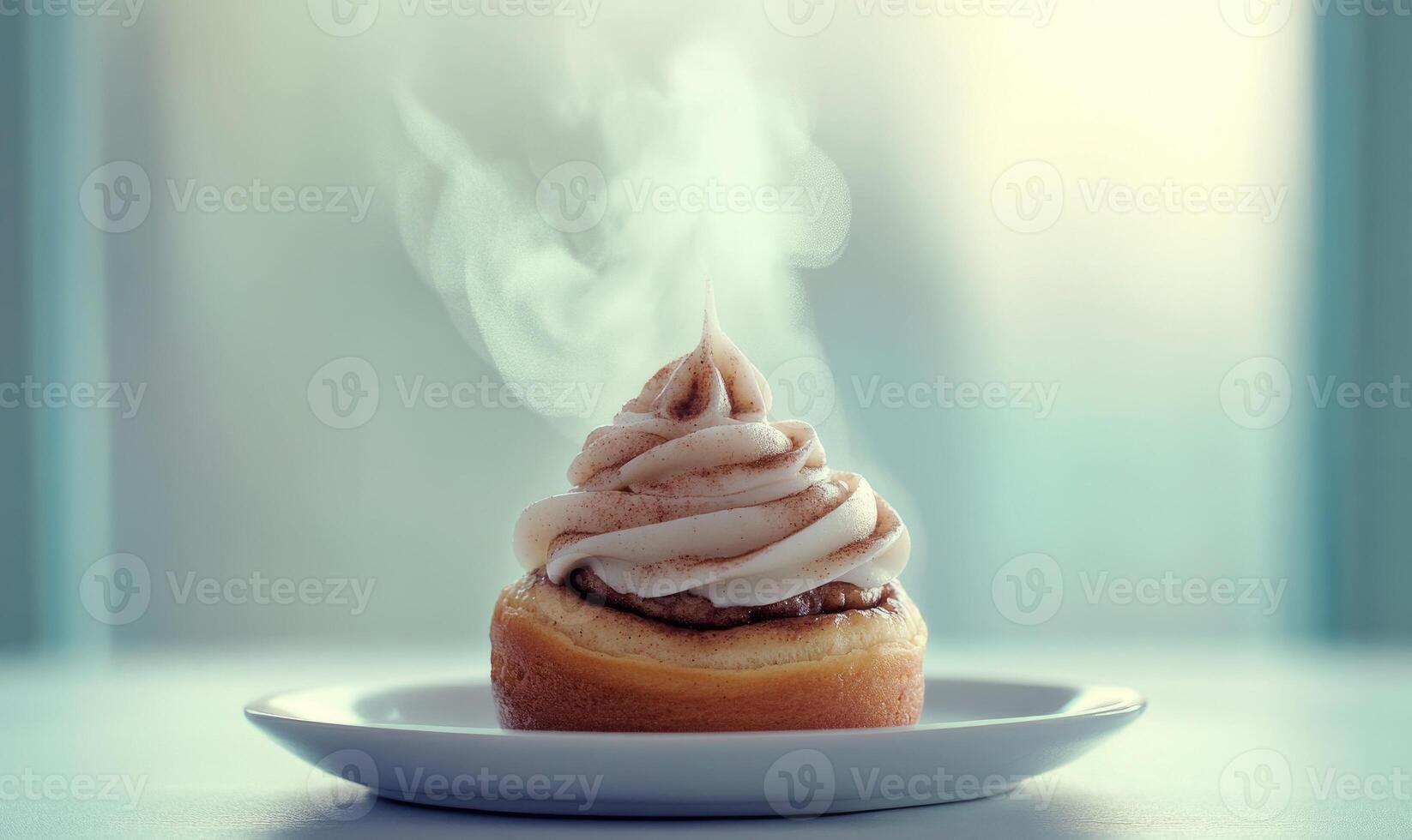 A cupcake with frosting on top of a white plate photo