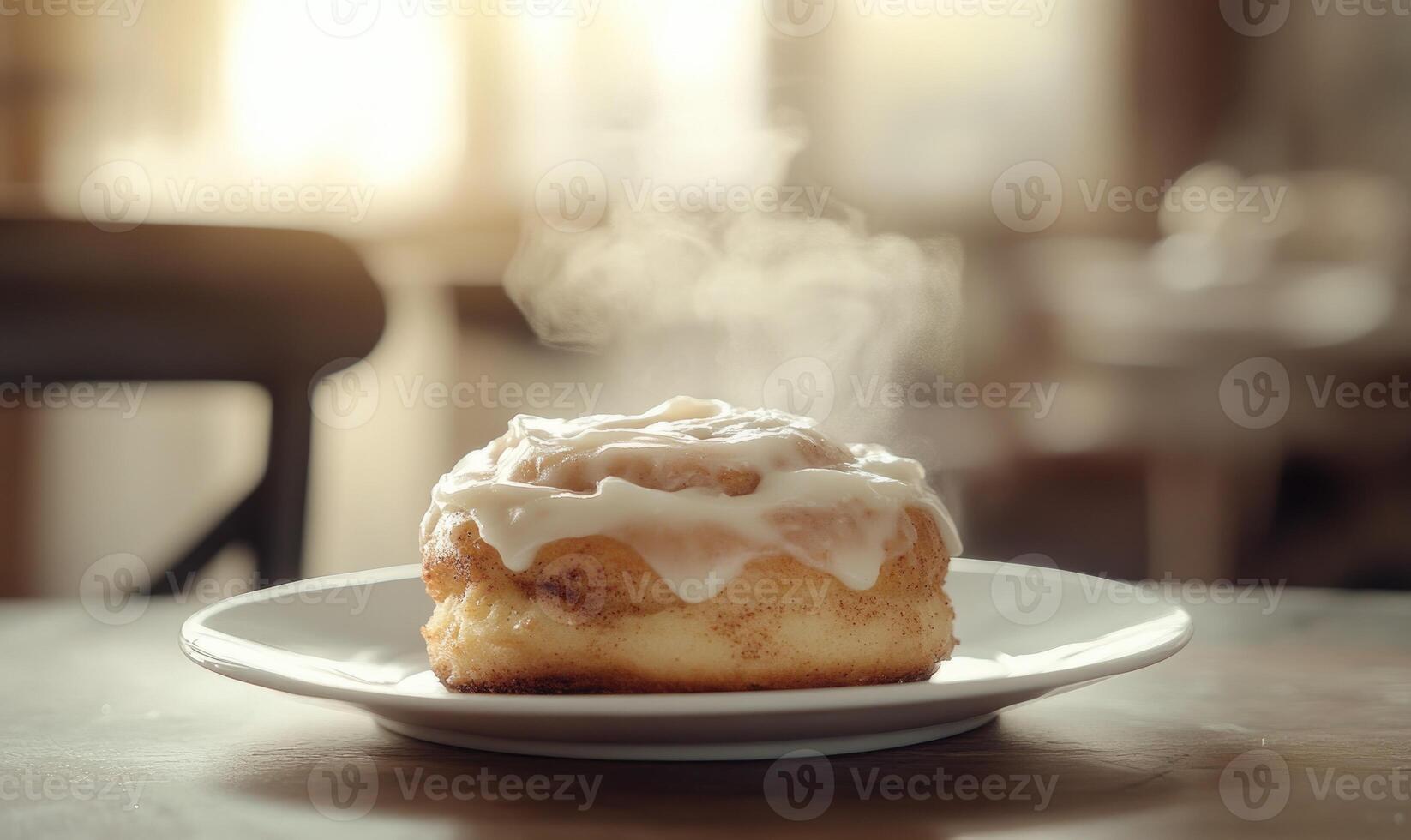 A cinnamon roll with a glaze on a white plate photo