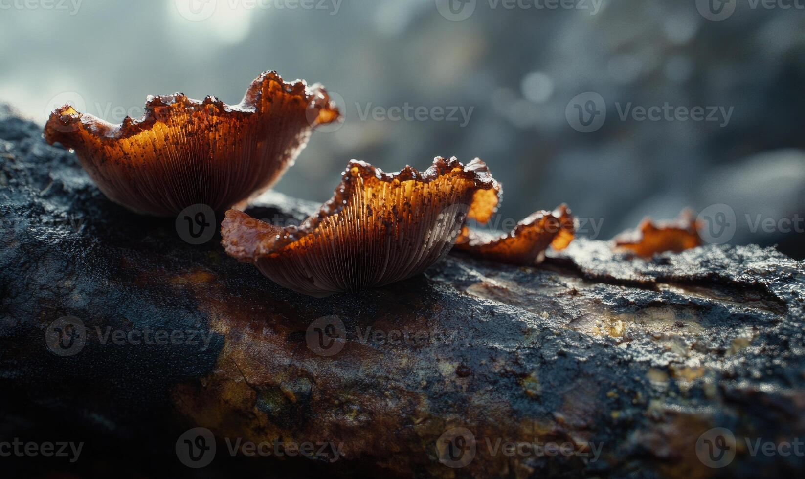 Three mushrooms are on a log photo